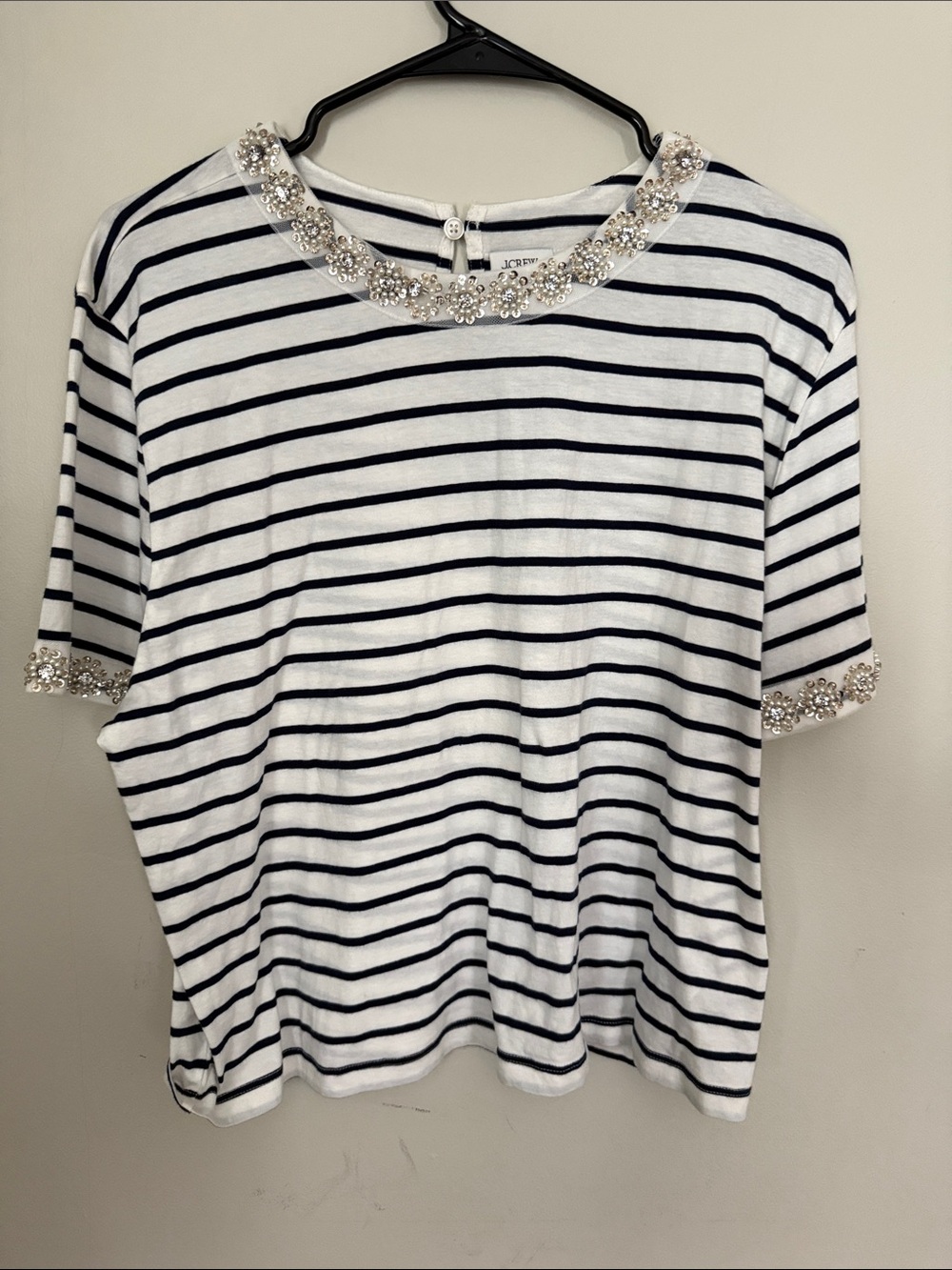 J. Crew White & Navy Striped Short Sleeve Top with Beaded Neckline